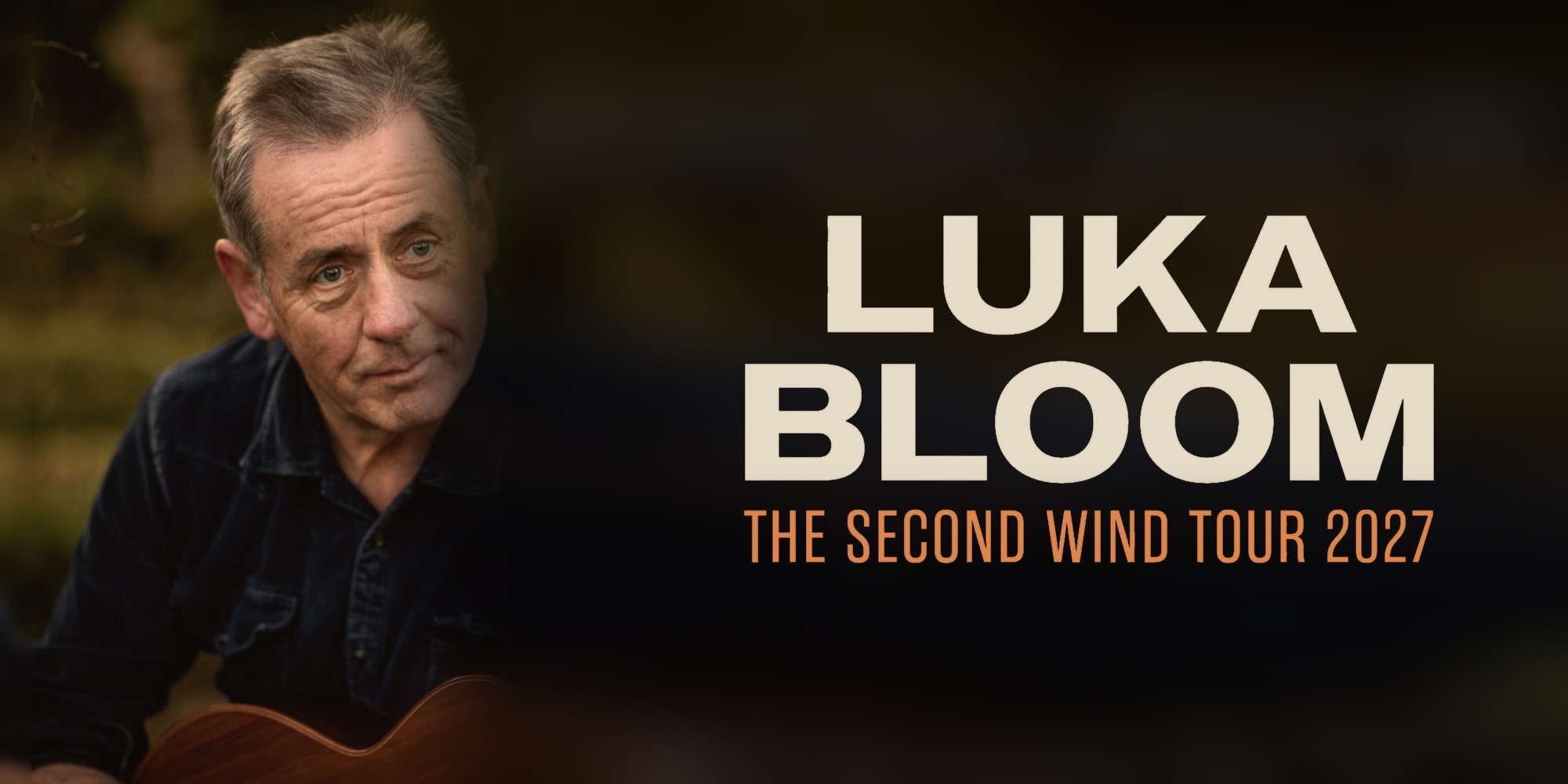 Luka Bloom with his acoustic guitar, The Second Wind Tour 2027
